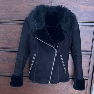 Barbour Black Leather Jacket with Fur Trim, 4(fells like 2)